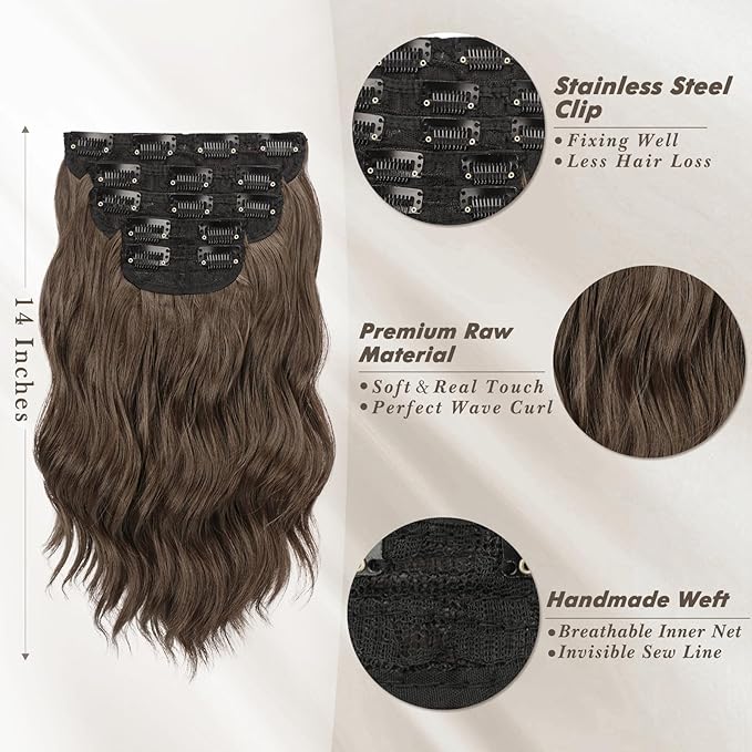 BARSDAR Wavy Golden Chestnut Brown Clip in Hair Extensions - 14 Inch Short Wavy Clip in Hair Extensions for Women - 5PCs Thick Soft Synthetic Voluminous Easy Wear Brown Hairpieces Daily Party