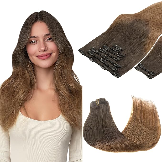 GOO GOO Clip in Hair Extensions Real Human Hair, Remy Human Hair Extensions Clip ins for Women, Natural Human Hair, 16inch 150g 9Pcs, 1D/2C/4E Chocolate Dip Color Melt