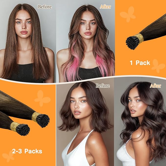 DOORES I Tip Hair Extensions Human Hair, Balayage Dark Brown to Chestnut Brown 16 Inch 50g/100s, Itip Extensions Remy Hair Extensions Cold Fusion Straight