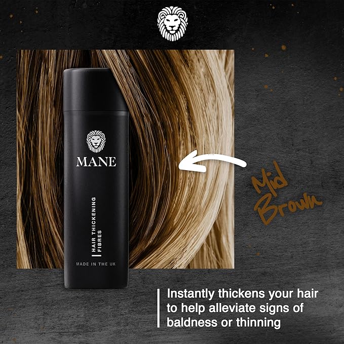 Mane Hair Building Fibers for Women & Men, for Fine & Thinning Hair, Thicker Fuller Looking Hairstyle, Conceal Bald Spots - Mid Brown