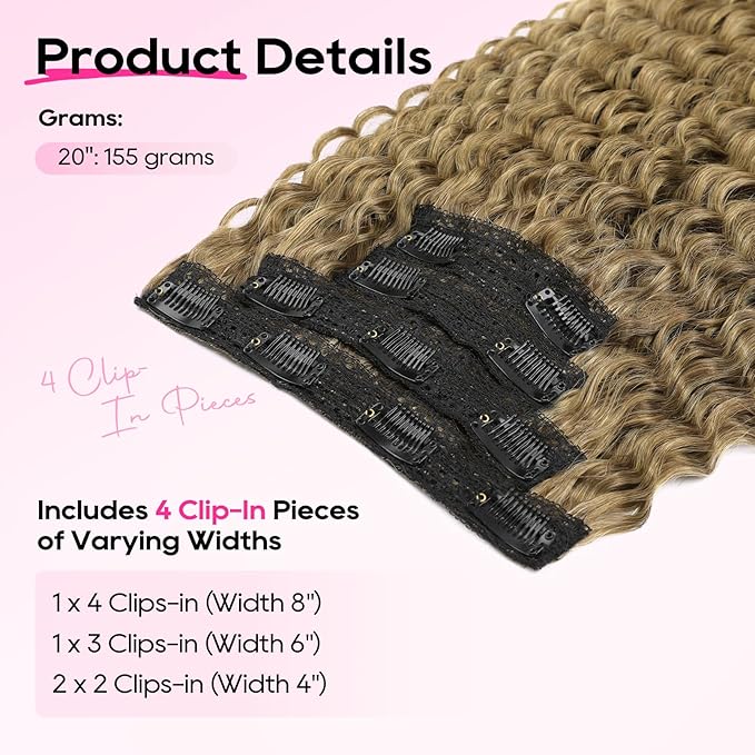 REECHO Hair Extensions - 4PCS 20" Water Wave Clip in Hair Extensions 100% Super Protein Silky Soft Natural Look with Invisible Lace Weft Hairpieces for Women - Light Golden Brown with Lighter Ends
