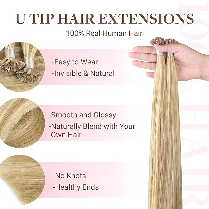GOO GOO U Tip Hair Extensions Real Human Hair, Double Volume 100g 100S, 24 Inch Hot Fusion U Tip Extensions, Invisible Remy Hair, 16/22 Light Blonde Highlighted Golden Blonde