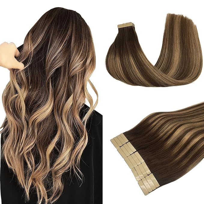 DOORES Human Hair Extensions Tape in Hair, Chocolate Brown to Caramel Blonde 12 Inch 40g 20pcs, Tape in Hair Extensions Real Human Hair Straight Remy Hair Skin Weft
