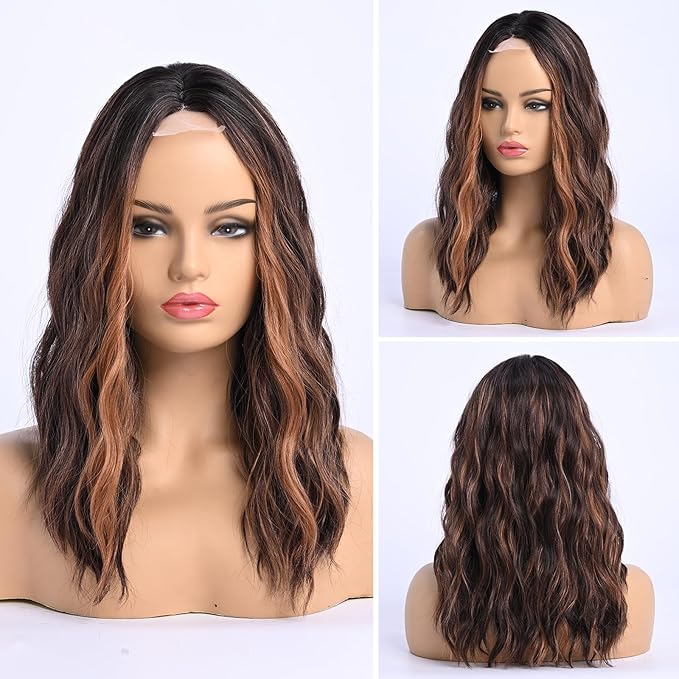 Brown with Highlight Medium Length Wigs for Women Dark Brown Mixed Gold Wig Middle Part Synthetic Hair Wigs Wavy Natural Hair for Daily Party Use Colourful Wig