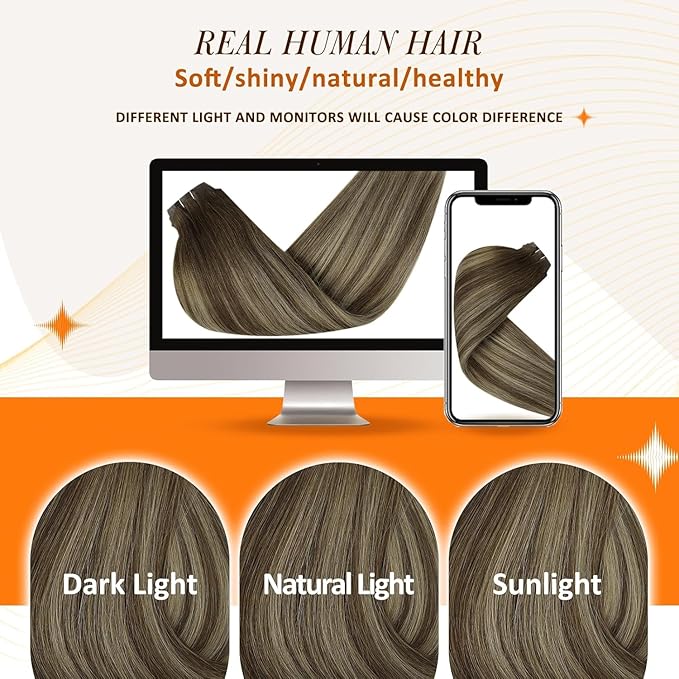 Full Shine Clip in Human Hair Extension Brown to Honey Blonde Mix Brown Seamless Hair Extensions Straight Remy Hair With PU Weft 8 Pcs 120 Grams 22 Inch