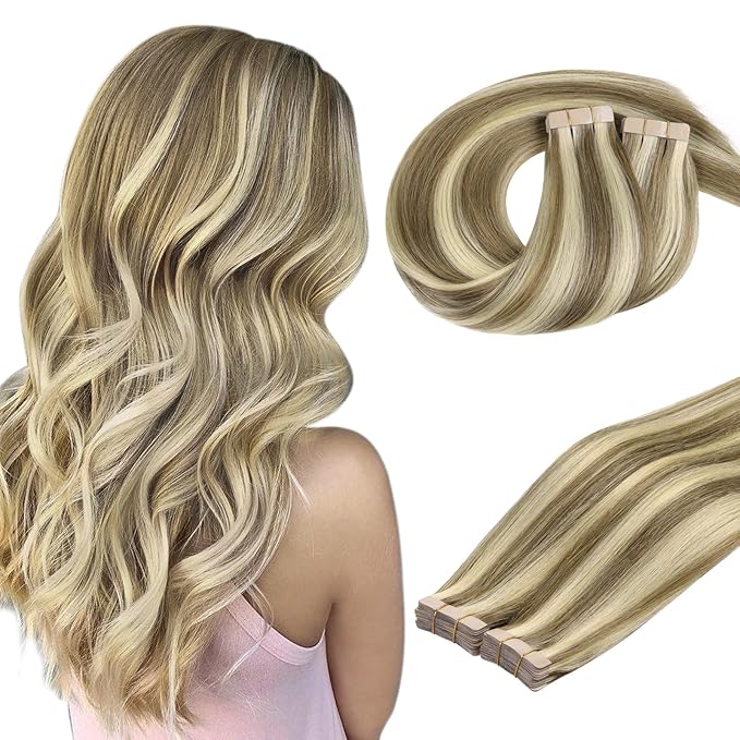 DOORES Hair extensions Tape in Human Hair, Light Brown Highlighted Medium Blonde 14 Inch 100g 40pcs, Remy Hair Extensions Straight Natural Hair Skin Weft