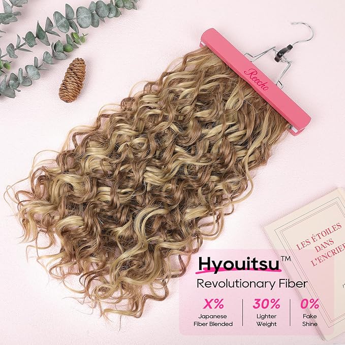 REECHO Curly Hair Extensions, 4PCS 20 inch Clip in Hair Extensions Lace Weft Short Curly Extensions Clip Ins Invisible Natural Hairpieces for Women, Light Brown with Blonde Highlights