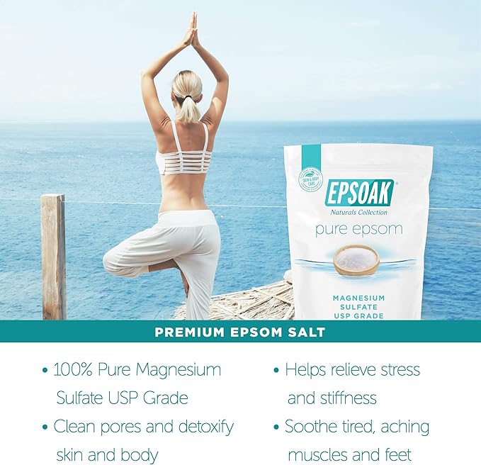 Epsoak Epsom Salt 2 lb. Magnesium Sulfate USP. (Qty. 1 x 2lb. Bags) Resealable Epsom Salt Bulk Bags Unscented, Made in The USA, Cruelty-Free Certified