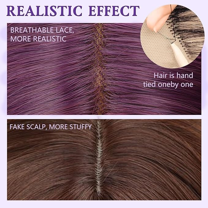 AISI HAIR 14 Inch Purple Wigs for Women - Shoulder Length Wave Wig with Pre-Cut Lace Hairline, Middle Part Natural Wavy Bob Synthetic Heat Resistant Fiber for Daily and Party