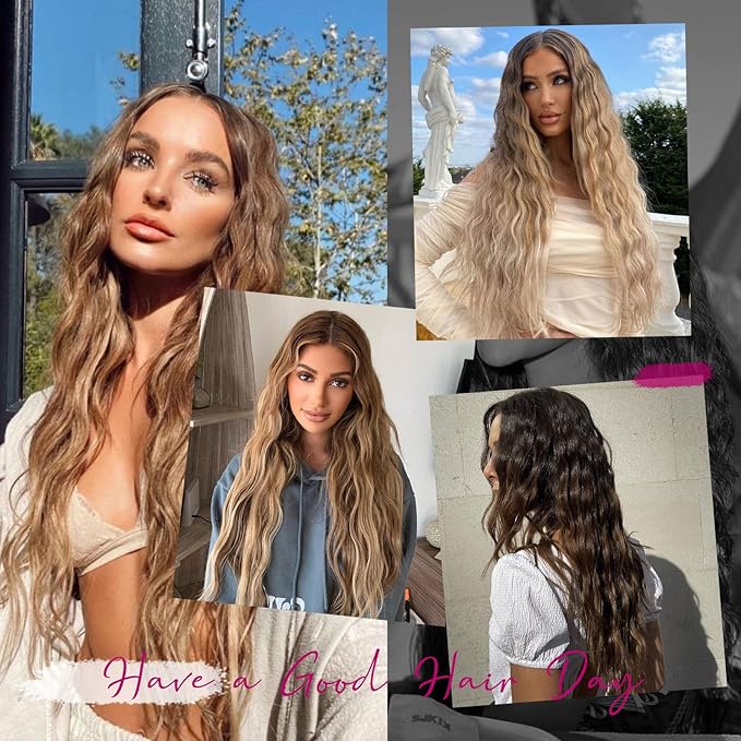 Clip in Hair Extensions, REECHO 5PCS Brown Hair Extensions 24" Thick Long Loose Waves hair extensions HE002 Invisible Lace Weft Natural Soft Hairpieces for Women – Dark Brown with Highlights