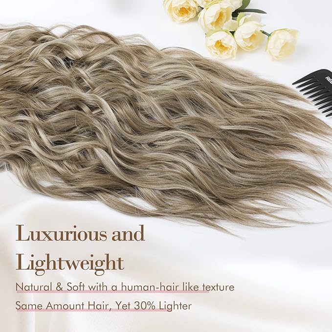 REECHO Hair Extensions, 4PCS Clip in Hair Extensions HE001 Natural Soft Synthetic Hairpieces for Women, Light Brown with Highlights