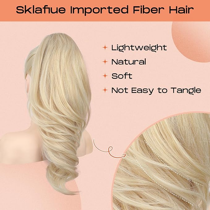 SEIKEA Ponytail Extension, 18" Wavy Claw Clip in Hair Extensions for Women, Lightweight Fluffy Synthetic Ponytail Hairpiece, Natural Soft & Easy to Wear, for Short & Medium Hair Light Blonde