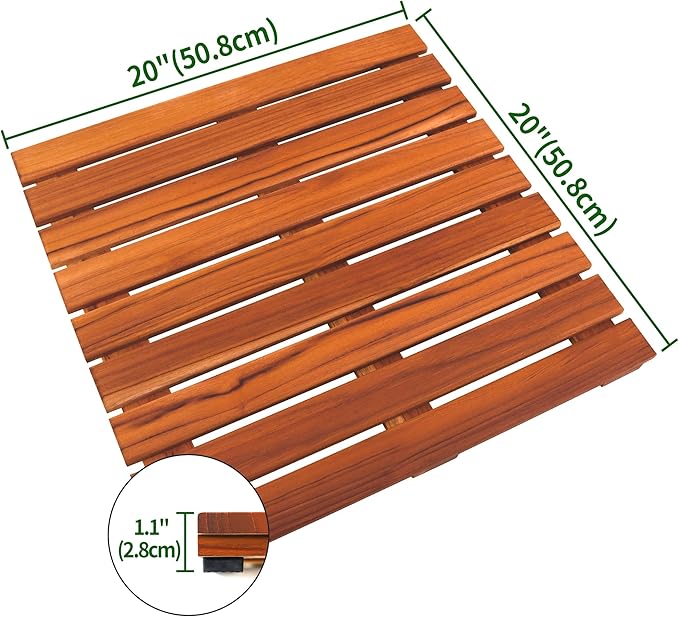VaeFae Teak Shower Mat, Non-Slip Bath Mat, Luxury Spa Mat, Wooden Mat for Bathtub, 20 x 20 in