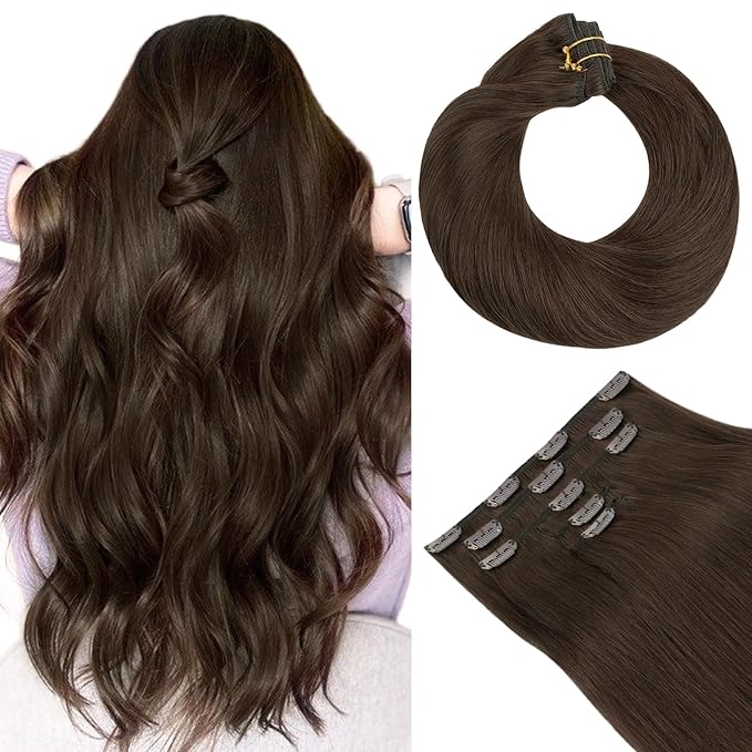 HOTBANANA Real Human Hair Clip in Hair Extensions, 5Pcs 70g 16 Inch Chocolate Brown Straight Remy Clip in Extensions