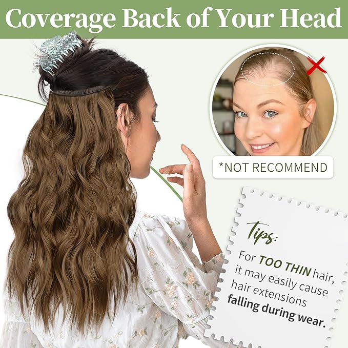 KooKaStyle Invisible Wire Hair Extensions with Transparent Wire Headband Adjustable Size 4 Secure Clips Long Wavy Synthetic Hairpiece 16 Inch COCOA# for Women