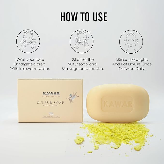 KAWAR Dead Sea Sulfur Soap with Olive Oil, Relief Skin Conditions Such as Acne, Psoriasis, Eczema & Blackheads, for Oily to Normal Skin, Vegan Soap Bar for Men & Women, 4.2 oz