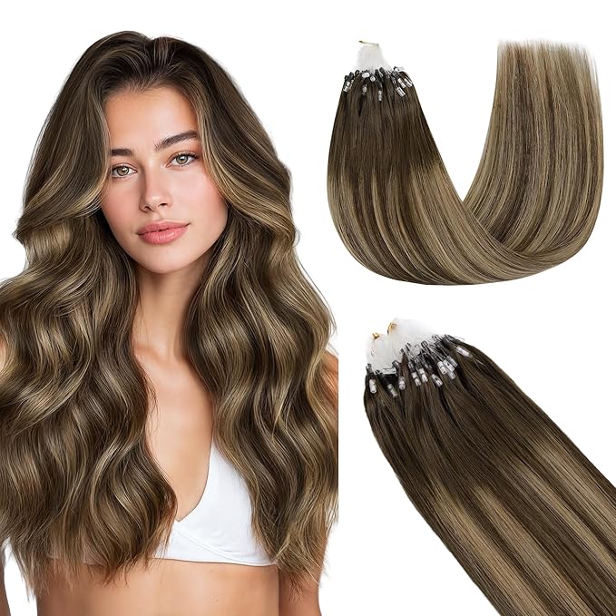 GOO GOO Micro Link Tip Hair Extensions, Real Human Hair, 14inch 50g 50S, Cold Fusion, Invisible Remy, 4/27/4 Balayage Chocolate Brown to Caramel Blonde
