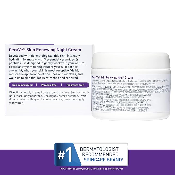 CeraVe Skin Renewing Night Cream, Niacinamide, Peptide Complex, and Hyaluronic Acid Moisturizer for Face, 1.7 Ounce, Packaging may Vary