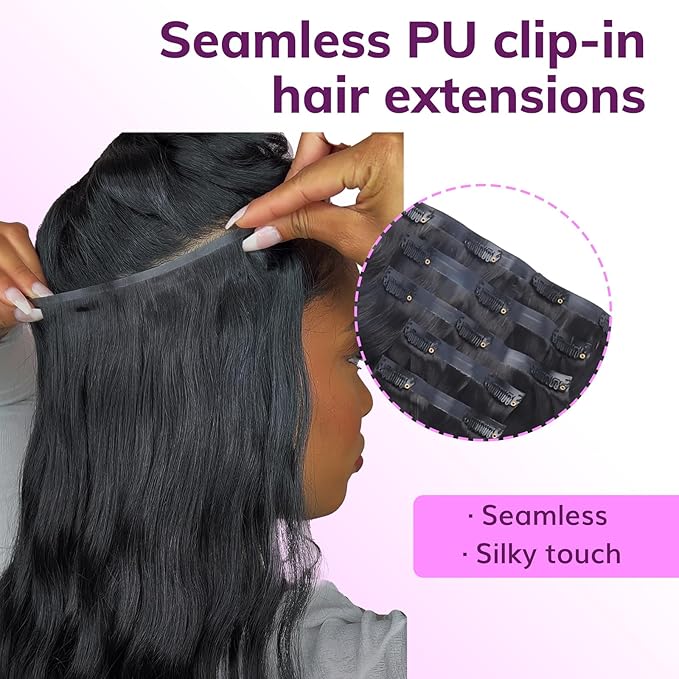 IDN BEAUTY Seamless Clip In Hair Extensions Human Hair, Straight 18 Inch 130g 9pcs Natural Black Real Virgin Human Hair Seamless Clip Ins For Black Women PU Weft Invisible Edge