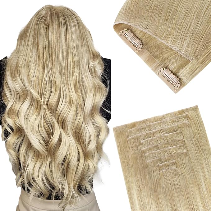 GOO GOO Invisi Edge Clip in Hair Extensions, 14inch 130g 9Pcs, Injected Seamless PU Clip in Hair Extensions, Virgin Real Human Hair, #18ET90A Natural Blonde Balayage
