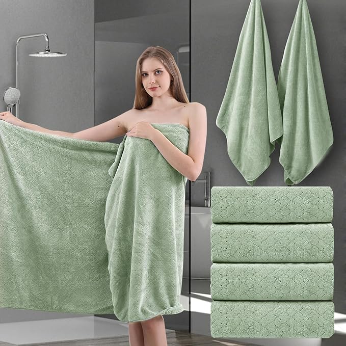 Ycosy Extra Large Bath Towels Set 35x70 Inches - Green Luxury 600 GSM Oversized Bath Sheet Towel,Ultra Soft Microfiber - Quick Dry,Highly Absorbent Shower Towels Spa Hotel Bathroom Towel Set (4-Pack)