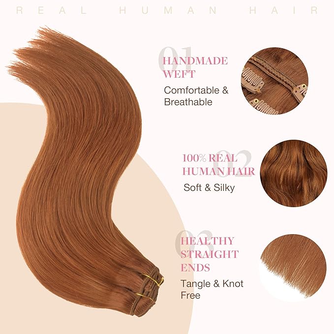 GOO GOO Clip in Hair Extensions Real Human Hair, Remy Human Hair Extensions Clip ins for Women, Natural Human Hair, 14inch 120g 7Pcs, Auburn