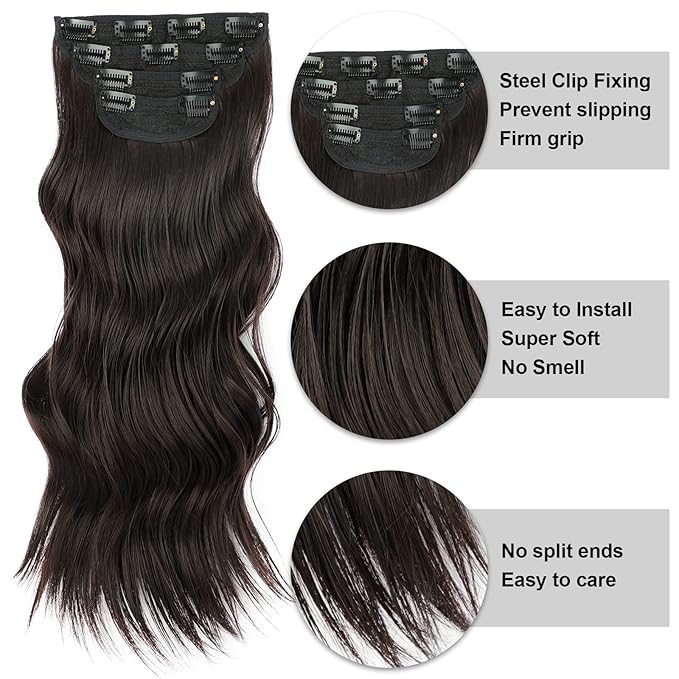 Vigorous Clip in Hair Extensions 4Pcs Dark Brown Long Hair Extensions Clip Ins 20Inch Soft Synthetic Hairpieces for Women