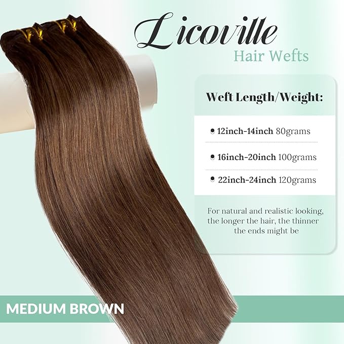 Sew in Hair Extensions Real Human Hair, Medium Brown Hair Wefts Human Hair Sew in Extensions Hand Tied Double Weft #4 Brown Bundles Silky Straight 14 Inch 80G Per Bundle