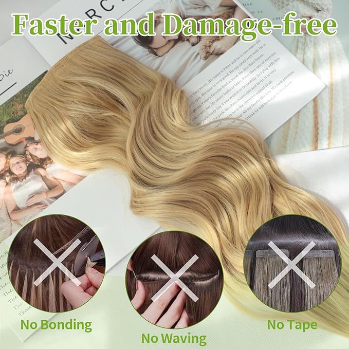 KooKaStyle Invisible Wire Hair Extensions with Transparent Wire Adjustable Size Long Wavy Synthetic Hairpiece 15/613#Golden Blonde 24 Inch with 4 Secure Clips for Women