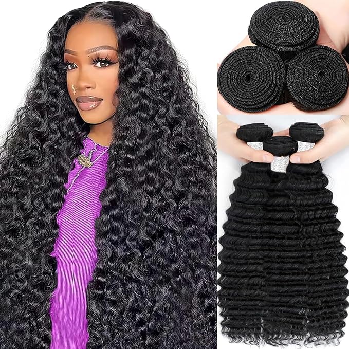 12A Human Hair Bundles 24 26 28 Inch Deep Wave Bundles Human Hair 100% Unprocessed Brazilian Virgin Curly Weave 3 Bundle Water Wavy Hair Extensions for Women Natural Color Deep Wave Bundles