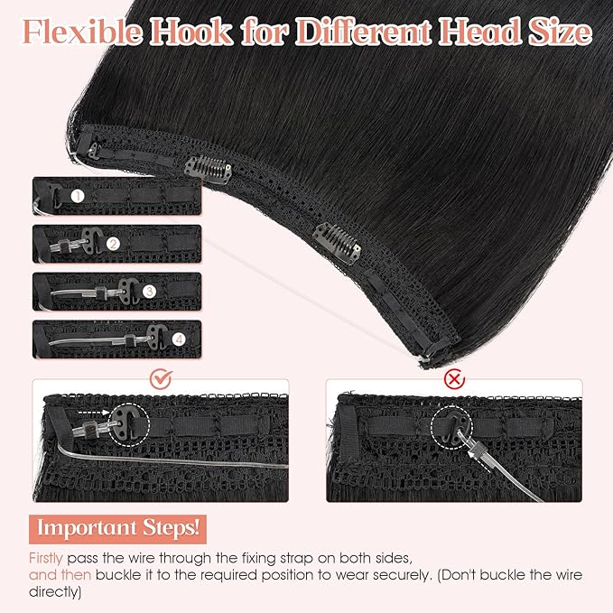 Hairro Wire Hair Extensions Human Hair, Fish Line Invisible Adjustable & Clips in Extensions Straight, 100% Real Hairpieces Seamless Blending for Women, 20 Inch 100g Jet Black