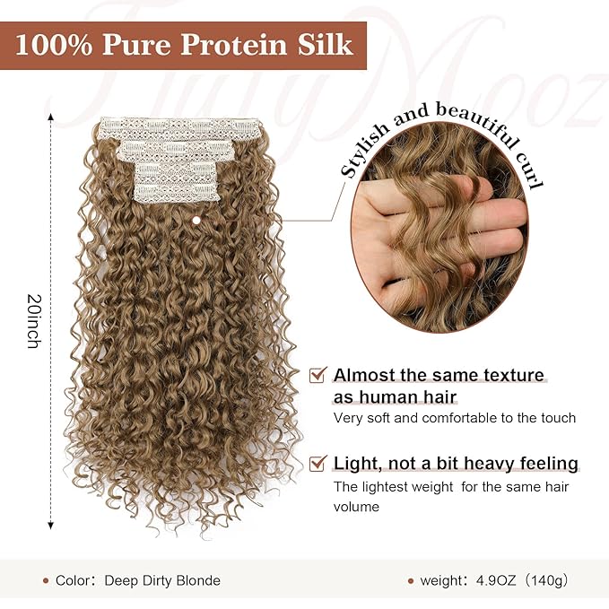 Clip in Hair Extensions, FLUFYMOOZ 4PC 100％ Pure Protein Silk Hair Extensions Long Soft Natural Hairpiece 20 Inch Curly Hair Extension for Women Deep Dirty Blonde