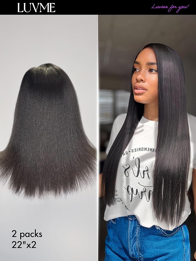 LUVME Yaki Straight Seamless 2 Pack 220g 14Pcs Clip in Hair Extensions Full Max with 20inch Natural Black 100% Real Soft Human Remy Human Hair Extensions
