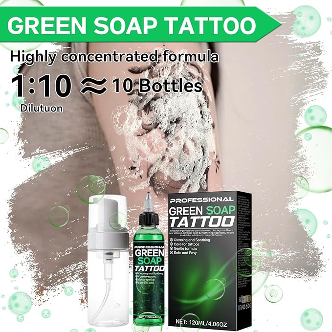 Green Soap Tattoo Concentrated 4OZ with Foaming Bottle 120ml, Tattoo Soap Supplies for Piercings and Clean Skin, Effective & Gentle