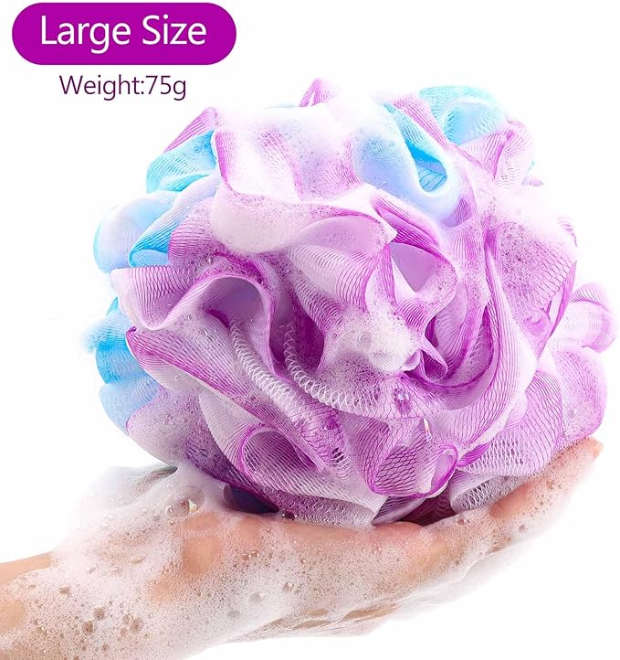 BTYMS 75g/pc Bath Loofah Mesh Puffs, Large Body Exfoliating Shower Sponges for Men and Women Showering - Set of 4