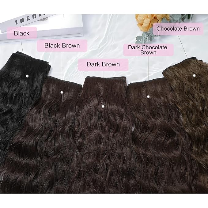 REECHO Clip in Hair Extensions, 5PCS Black Brown Hair Extensions 24" Thick Long Loose Waves hair extensions HE002 Invisible Lace Weft Natural Soft Hairpieces for Women – Black Brown