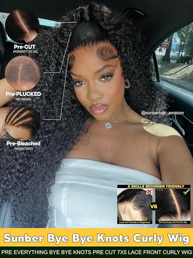 Sunber Bye Bye Knots Curly Glueless Human Hair Wig Pre cut 7x5 HD Lace Front Put On Go 3S Wear Pre Bleached Invisible Knots 150% Density Pre Plucked with Baby Hair 20Inch Pre Everything Curly Wigs