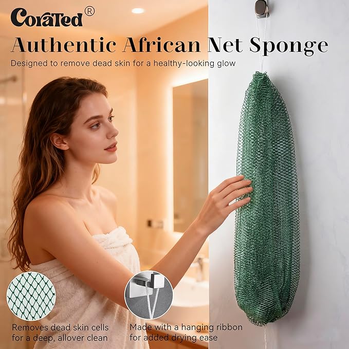 CORATED African Net Sponge Authentic, Shower Loofah Exfoliating Bath Sponge, Body Scrubber for Women and Men Daily Use Body Care, Travel Portable Bath Accessories for Bathroom (Linen & Dark Green)