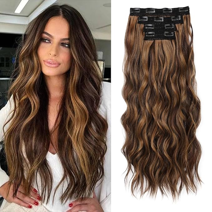 REECHO Clip in Hair Extensions, 4PCS BHair Extensions 24" Thick Long Beach Waves hair extensions HE003 Invisible Lace Weft – Chocolate Brown with Golden Highlights