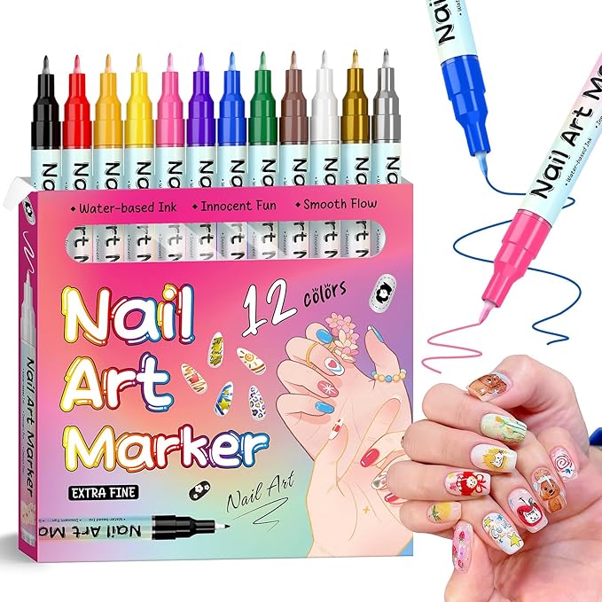 12 Colors Nail Art Marker Pens, Water Based Nail Art Pens for Painting Nail Point Graffiti Dotting Liner Pen for Home Salon Quick Dry Manicure