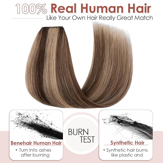 Benehair One Piece Clip in Hair Extensions Real Human Hair 3/4 Full Head V Shaped Weft Thicker Hair Lace Net One Piece Hair Extensions with 5 Clips (14"-55g #4P27 Medium Brown Mixed Dark Blonde)