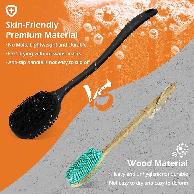 Back Scrubber for Shower, New Update Double Sided Body Scrub Brush Long Handle with Soft Silicone Bristles and Stiff Nylon Bristles for Shower Exfoliating and Massage Can Produce More Rich Foam