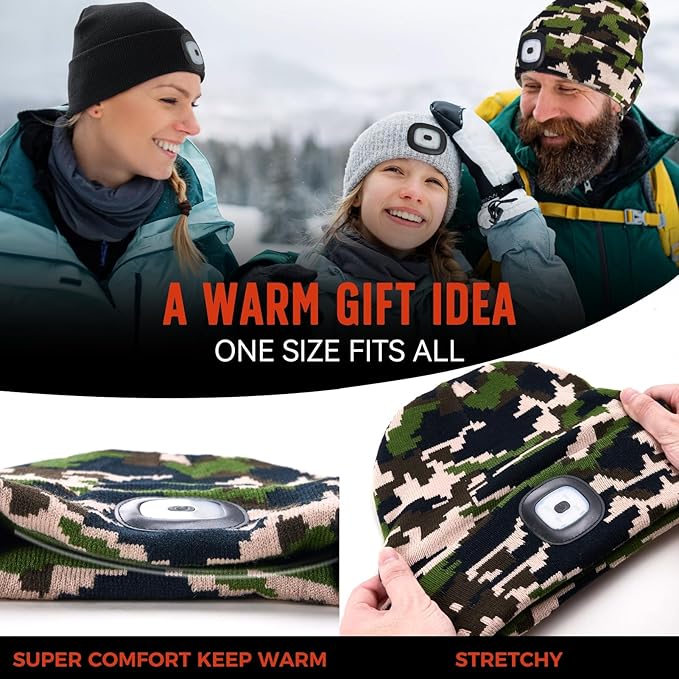 Unisex Beanie Hat with Light, Rechargeable Headlight Cap, Stocking Stuffers for Men, Cool Gadget Gifts for Him, Birthday Gifts for Women, Gifts for Him, Camouflage