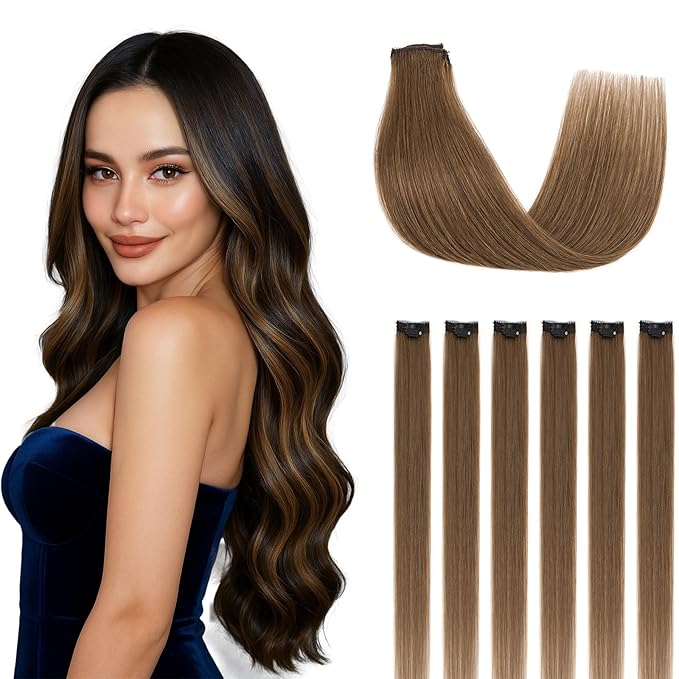Clip in Hair Extensions Real Human Hair for Women, 14 Inch 36g 6pcs, Medium Brown, Straight - Highlight, Add Volume and Length for Daily Wear, Parties, Weddings