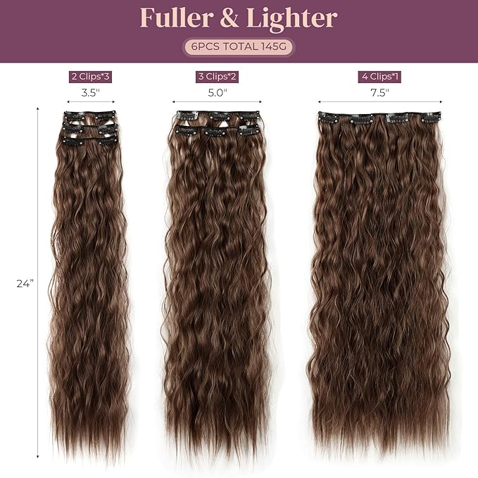 LONAI Clip In Hair Extensions, 6PCS Curly 24" Long Synthetic Clip On Hairpiece For Women-Dark Brown with Copper Highlights