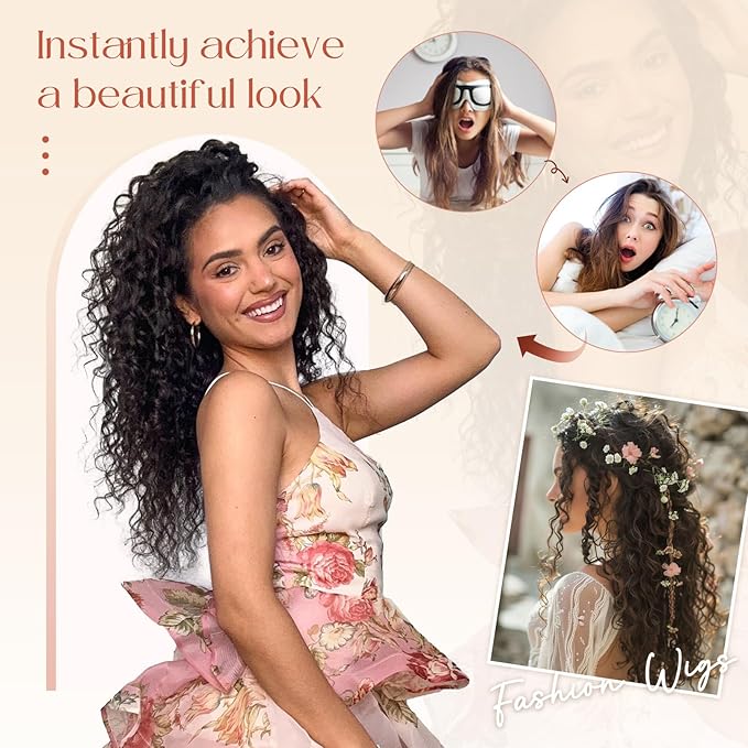 FLUFYMOOZ Clip in Hair Extensions, 18'' 4PC 100％ Pure Protein Silk Curly Hair extension for Women Lace Weft Hairpiece Natural Soft and comfortable for Daily Use-Black