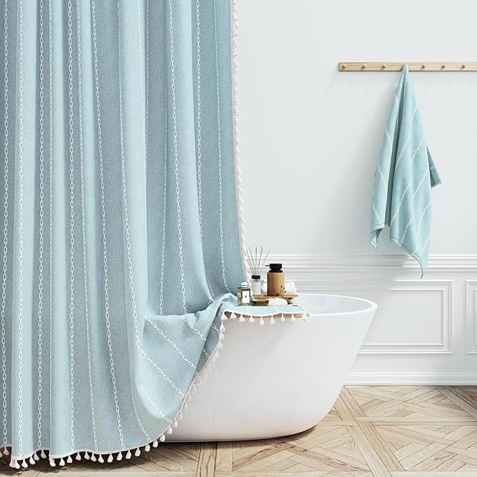 BTTN 78 Inch Long Shower Curtain - Boho Farmhouse Linen Thick Striped Fabric Shower Curtain Set with Plastic Hook, Tall Rustic Country Luxury Cloth Shower Curtains for Bathroom - Fog Blue - 72x78