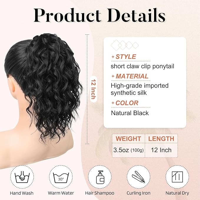 Flufymooz Ponytail Extension, 12" Short Claw Ponytail Extension Wavy Curly Jaw Clip in Pony tails Hairpiece Natural Synthetic Hairpiece for Women (Natural Black)