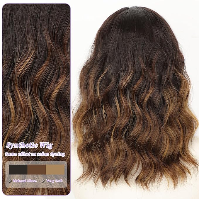 AISI HAIR 14 Inch Brown with Blonde Highlight Wigs for Women - Shoulder Length Wave Wig with Pre-Cut Lace Hairline, Middle Part Natural Wavy Bob Synthetic Heat Resistant Fiber for Daily and Party