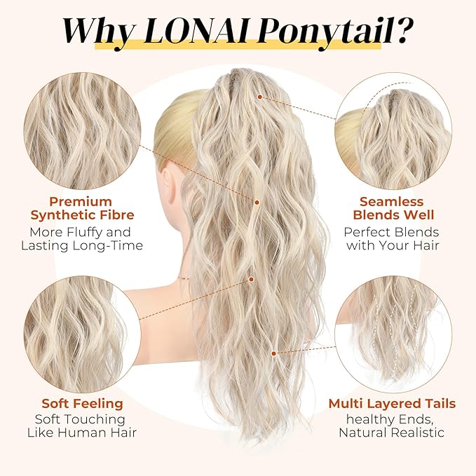 LONAI Ponytail Extension, 18" Wavy Claw Clip Ponytail Extensions ZJ001 Shoulder Length Curly Wavy Claw Clip in Ponytail Hair Extensions Synthetic Fake Pony tails Hairpieces-Light Smoky Blonde